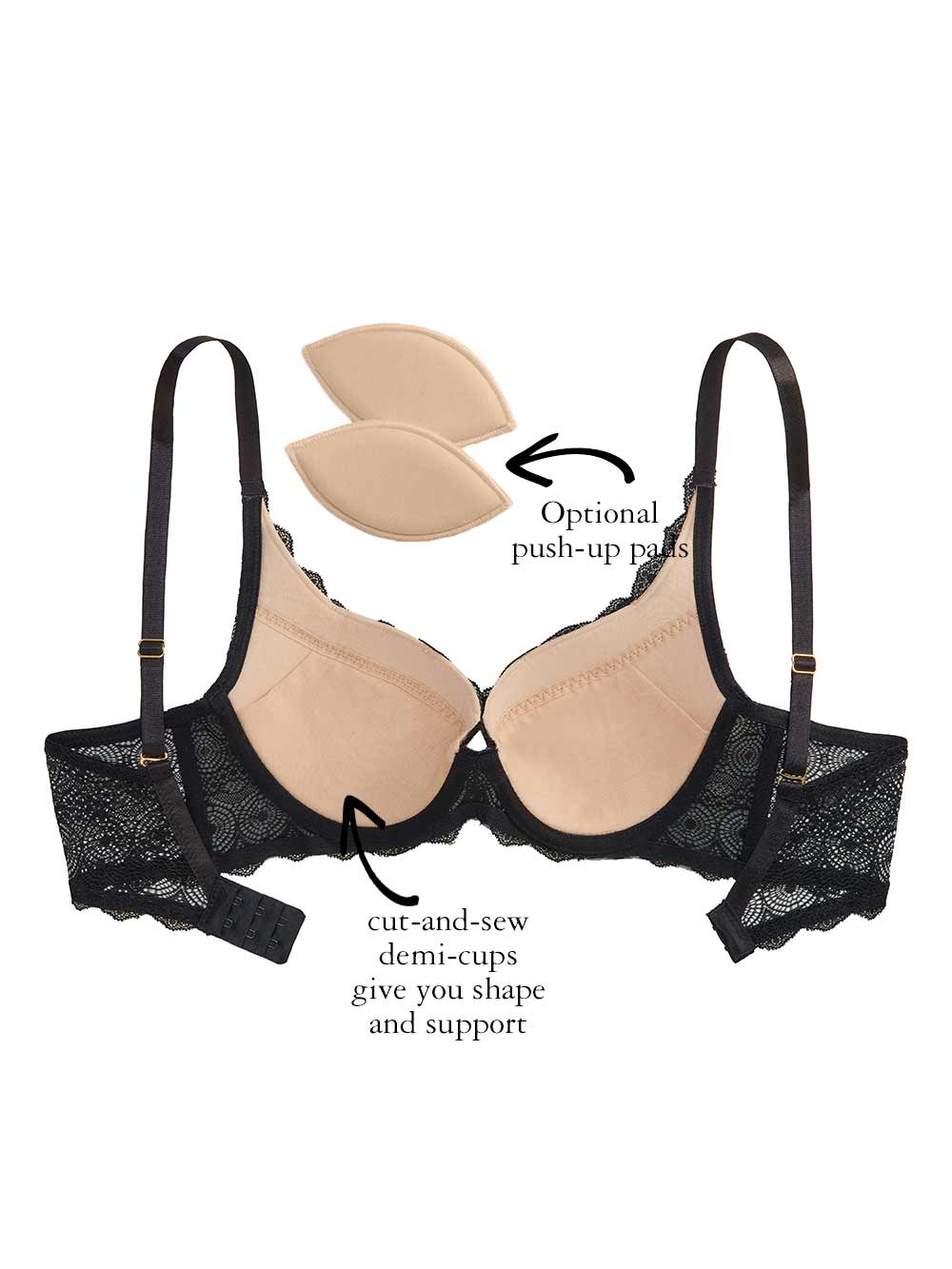Naomi Lace Bra, Petite, Demi-Cup, Removable Padding, Push-Up